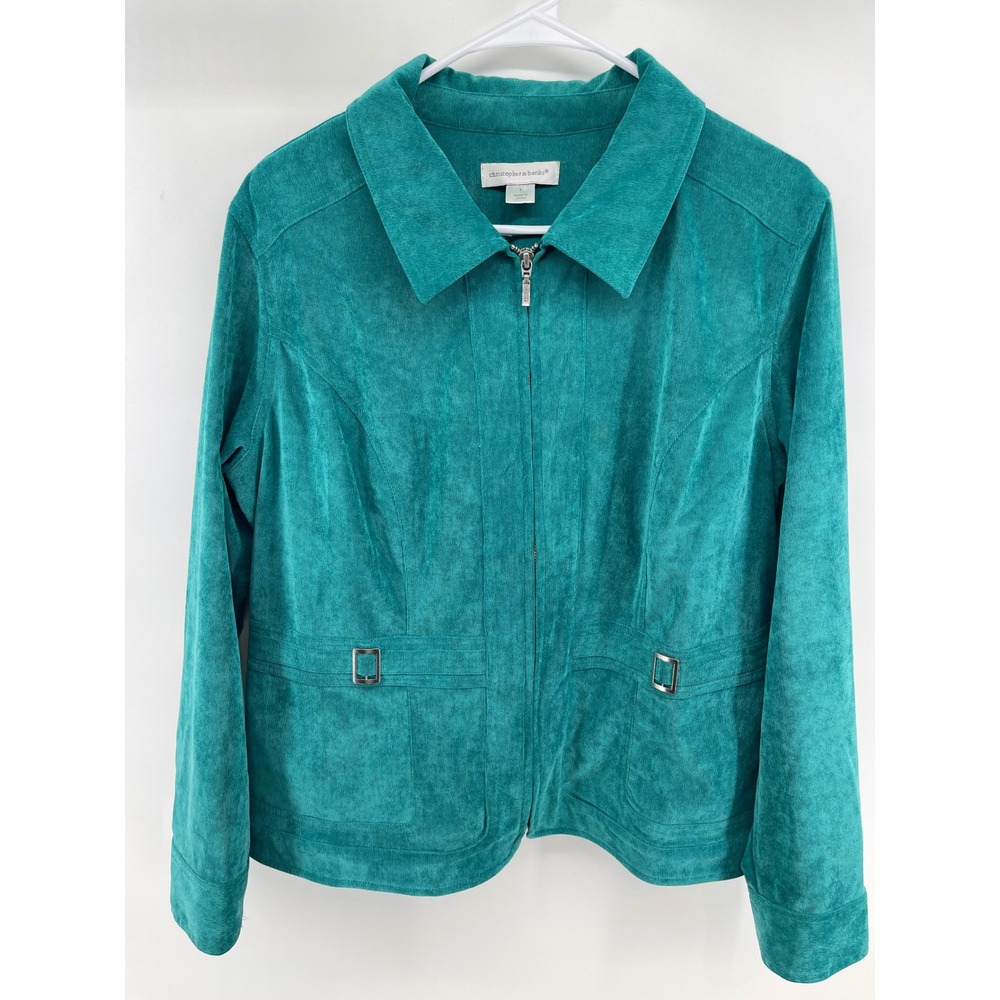 Christopher & Banks Teal Faux Suede Zip Front Jacket Womens Lg Corduroy Texture
